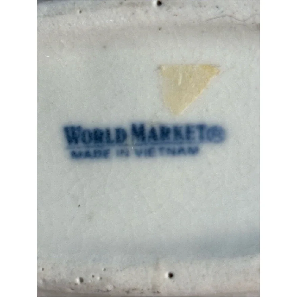 World Market Hand Paint Blue & Creamy White Ceramic Ring Jewelry Trinket Dish